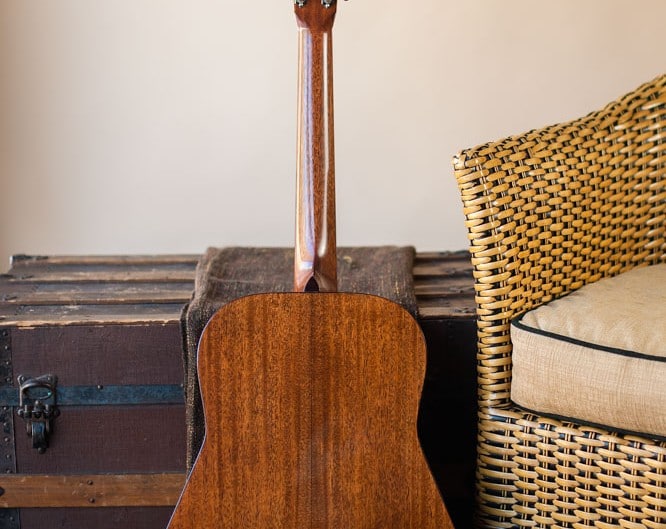 Preston Thompson plays Acoustic dreadnought guitar handcrafted of mahogany back and sides with an adirondack top. Back