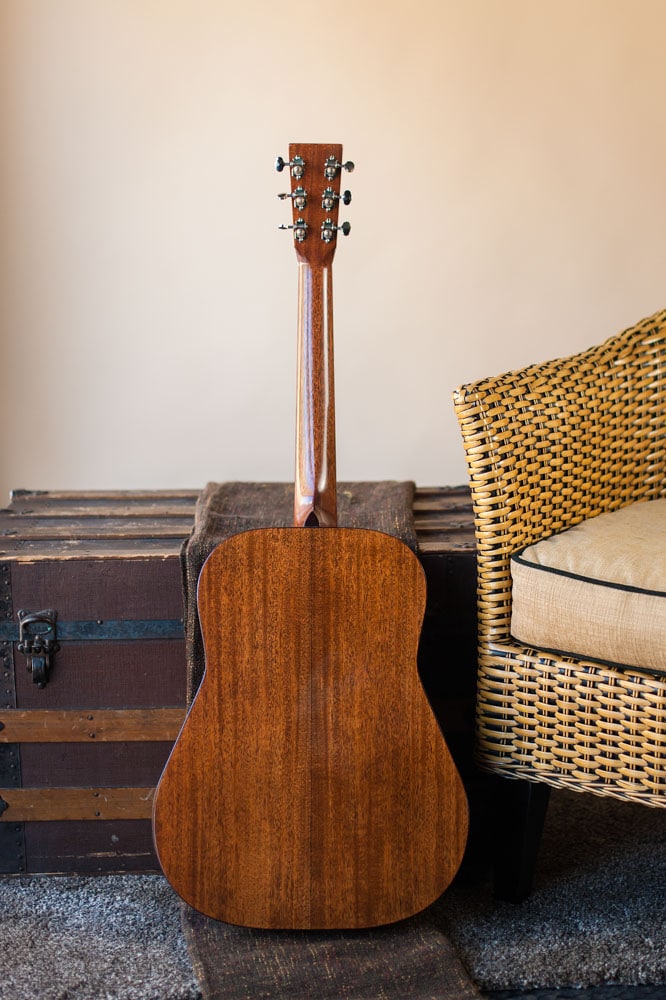 Preston Thompson plays Acoustic dreadnought guitar handcrafted of mahogany back and sides with an adirondack top. Back