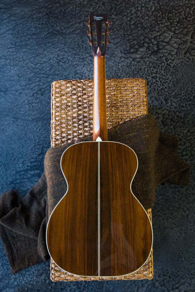 Preston Thompson Acoustic Guitars Brazilian Rosewood 14 Fret 000 acoustic guitar with custom abalone inlays. Back view