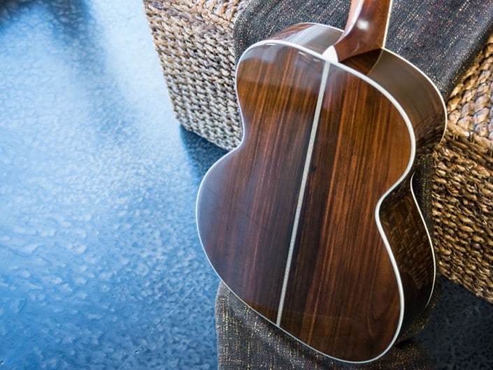 Preston Thompson Acoustic Guitars Brazilian Rosewood 14 Fret 000 acoustic guitar with custom abalone inlays. Back detail