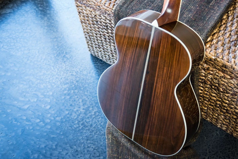 Preston Thompson Acoustic Guitars Brazilian Rosewood 14 Fret 000 acoustic guitar with custom abalone inlays. Back detail